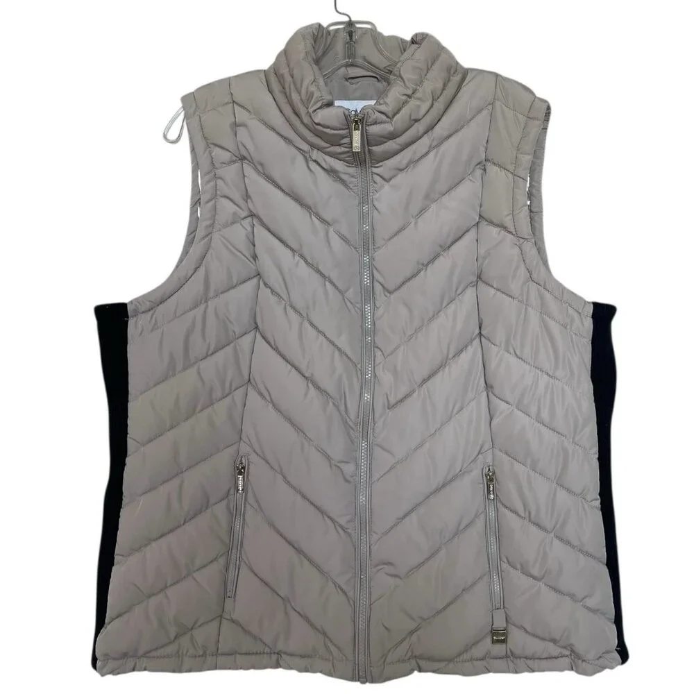 Calvin Klein Puffer‎ Vest Womens Plus Size 1X Beige Black Quilted Pockets